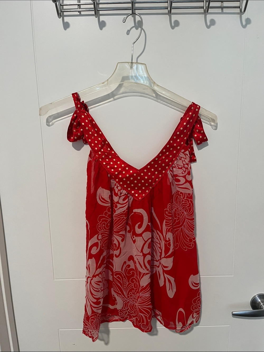 Bebe Y2K 100% Silk Red Floral Polka Dot Tie-Shoulder Top